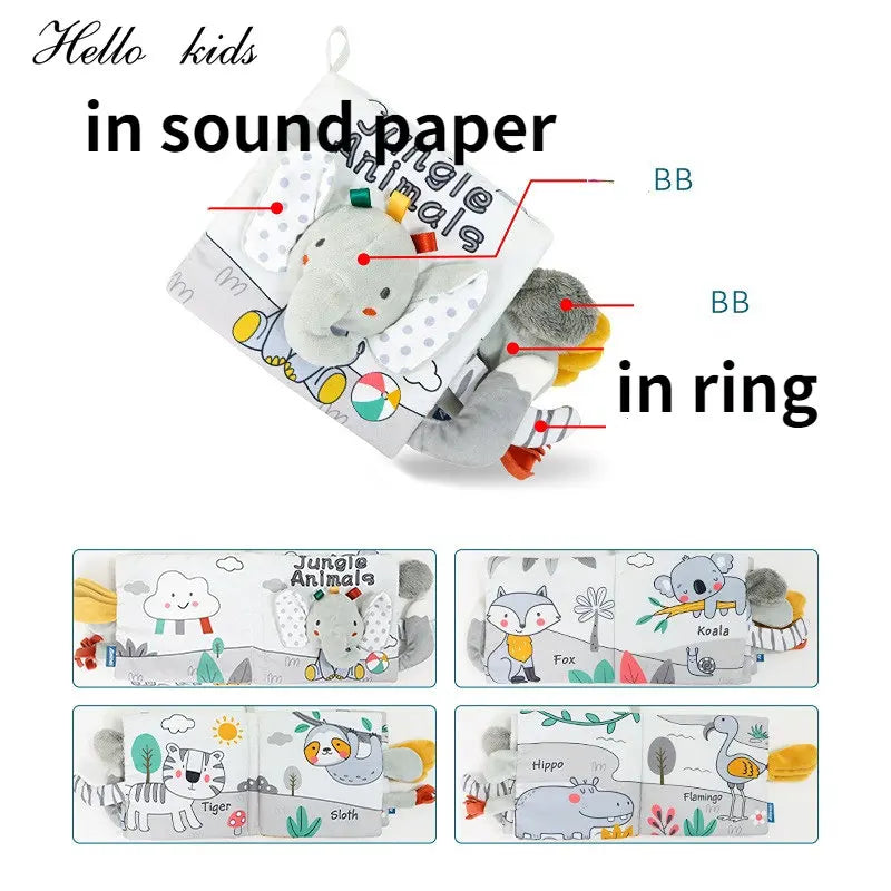 Soft baby book titled "Jungle Animals" featuring plush animal illustrations and sensory elements like sound paper and rings. Animals include elephant, fox, and hippo, with interactive features.