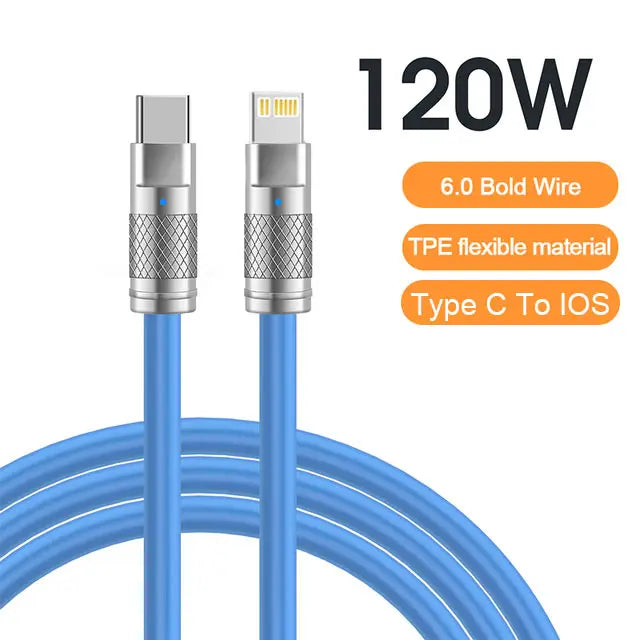 Blue 120W charging cable with metal connectors, one Type-C and one Lightning. It features 6.0 bold wire, TPE flexible material, and is labeled "Type C to IOS."