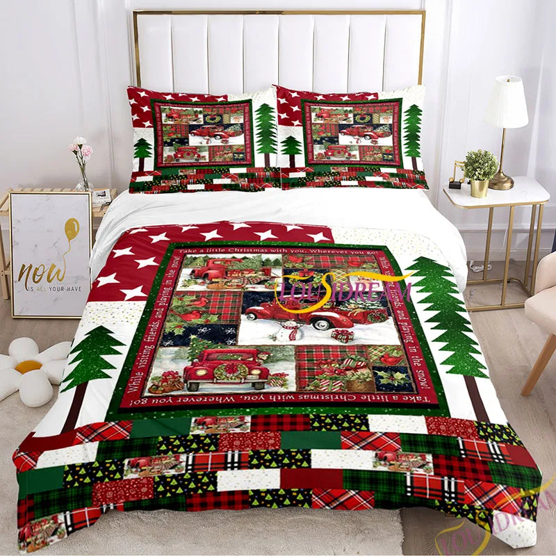 Festive bedding set with a Christmas theme featuring red trucks, stars, plaid patterns, and green pine trees. Accented with white and red, it decorates a cozy bedroom.