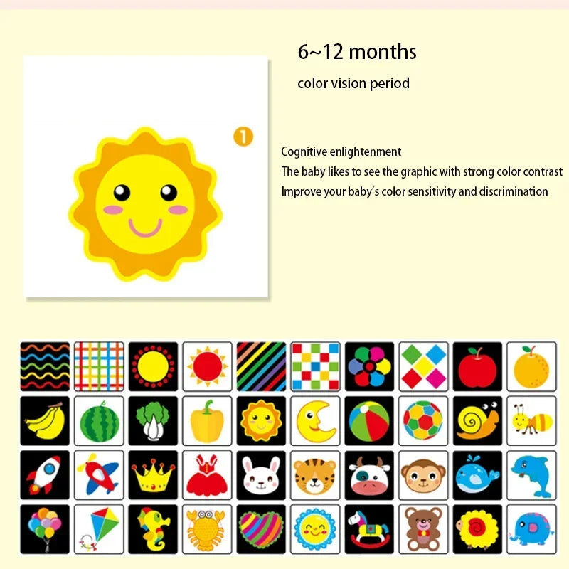 Yellow square showing a smiling sun illustration. Text indicates it's for 6-12 months, enhancing color vision with strong contrast. Includes 34 vibrant graphics below.