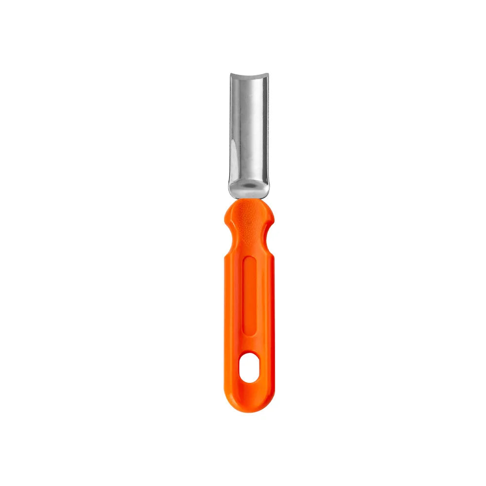 Orange-handled steel fruit corer with a hollow, curved blade, designed for easily removing cores from fruits.