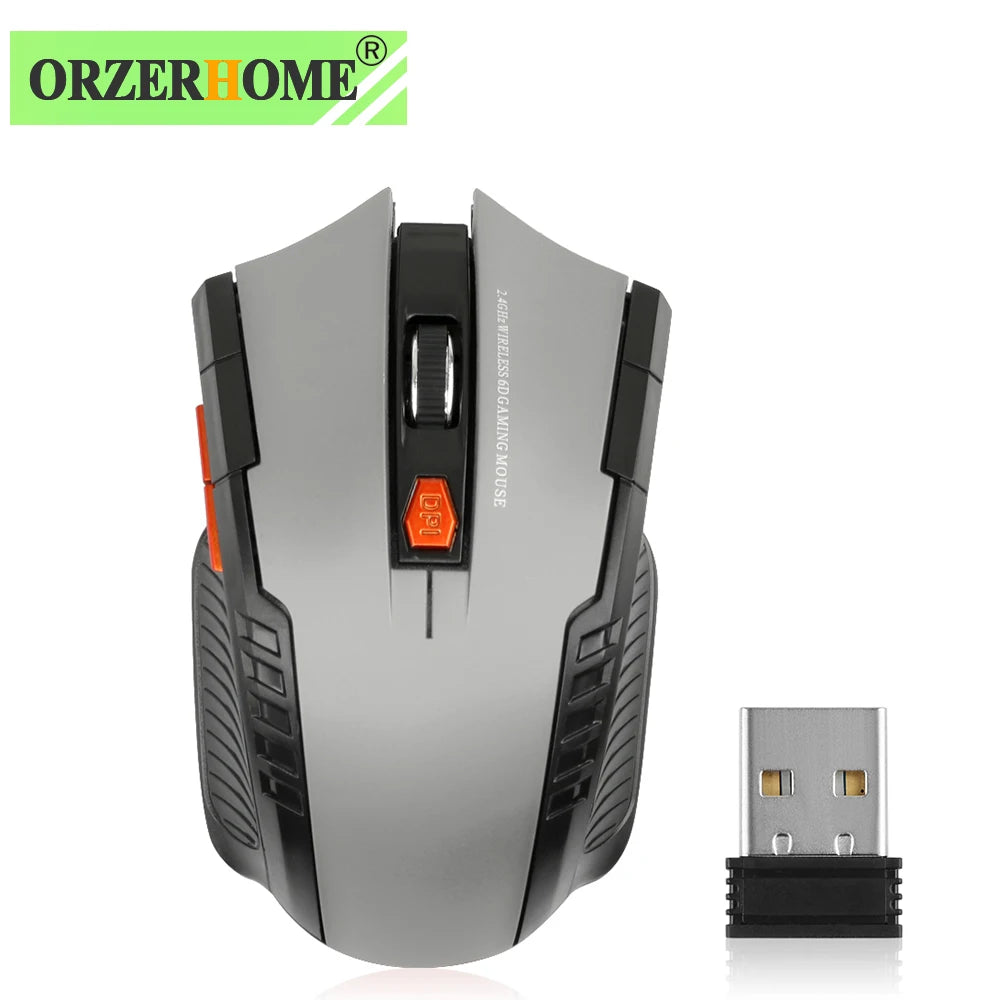 Wireless gaming mouse with a sleek gray and black design, featuring orange accents and a DPI button. Includes a USB receiver. Brand logo "OrzerHome" displayed above.