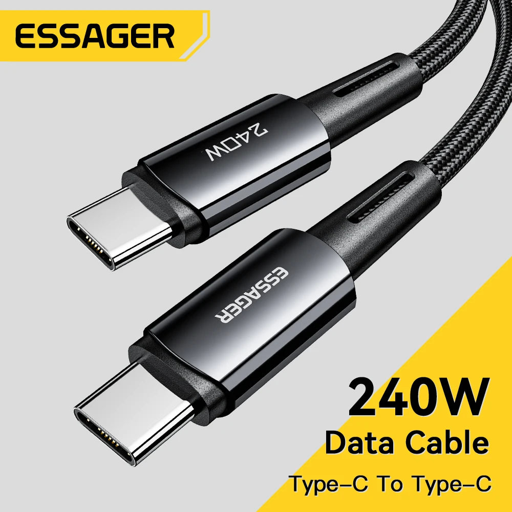 Essager 240W Type-C to Type-C data cable with a sleek design, black braided exterior, and shiny connectors. Branding visible on connectors. Yellow and gray background with text.
