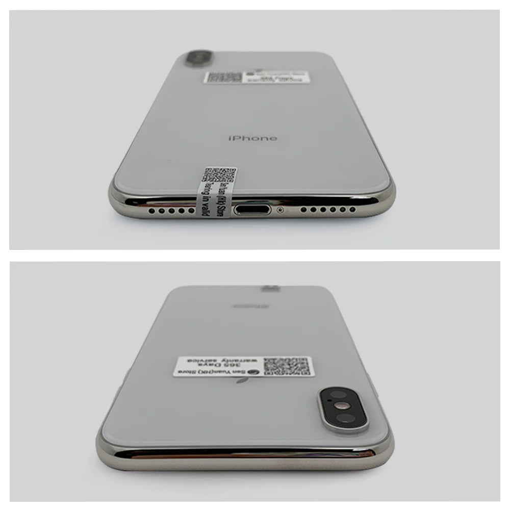 Two views of a smartphone with a dual-camera module, showing the lightning port, speaker holes, and labels with QR codes on the back. The device is placed on a light gray surface.