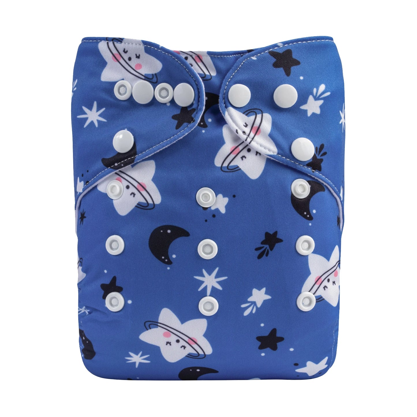 Blue reusable cloth diaper with adjustable white snaps. Features a whimsical space pattern with stars and crescent moons, and smiling cartoon planets with rings.