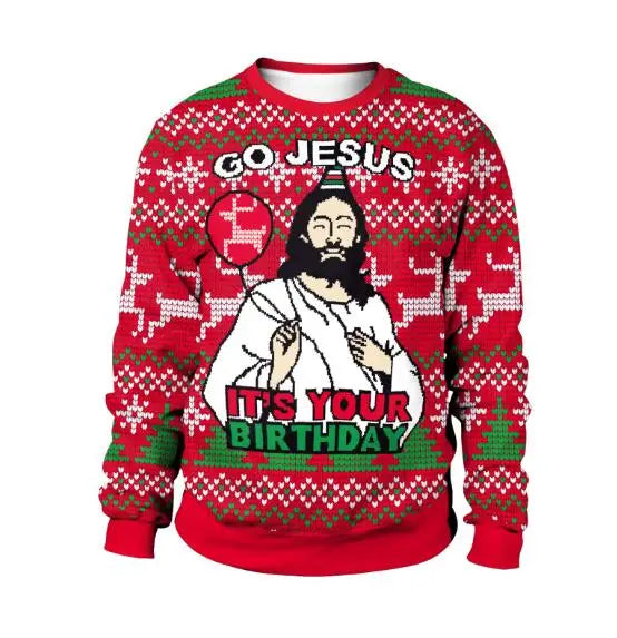 Red Christmas sweater with a festive pattern, featuring an illustration of a bearded man with text reading "Go Jesus, It's Your Birthday" in white, red, and green.