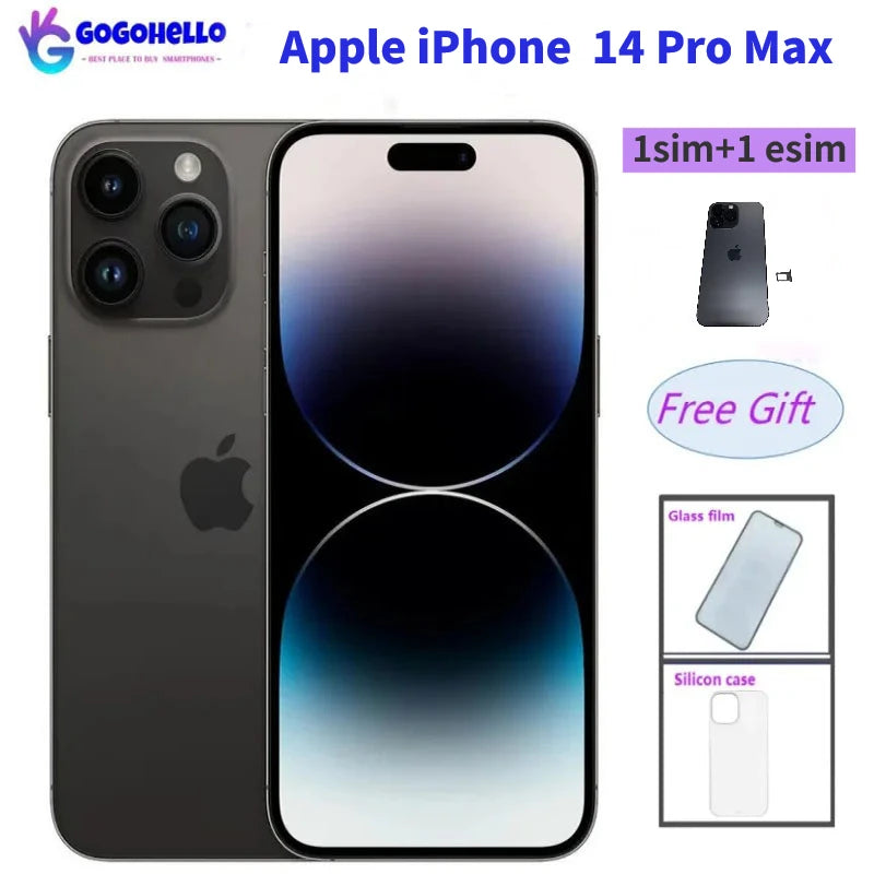 Image of an Apple iPhone 14 Pro Max with dual SIM and eSIM options. Includes free gifts: glass film and silicone case. "Gogohello" branding is visible.