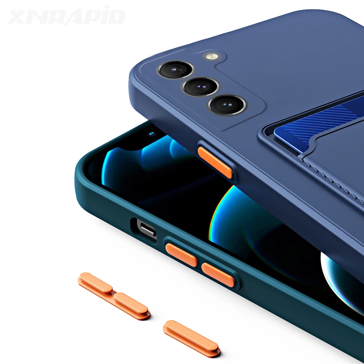 Blue and green smartphone cases with orange buttons are stacked, showcasing triple-camera cutouts and card holder details, next to detached buttons.