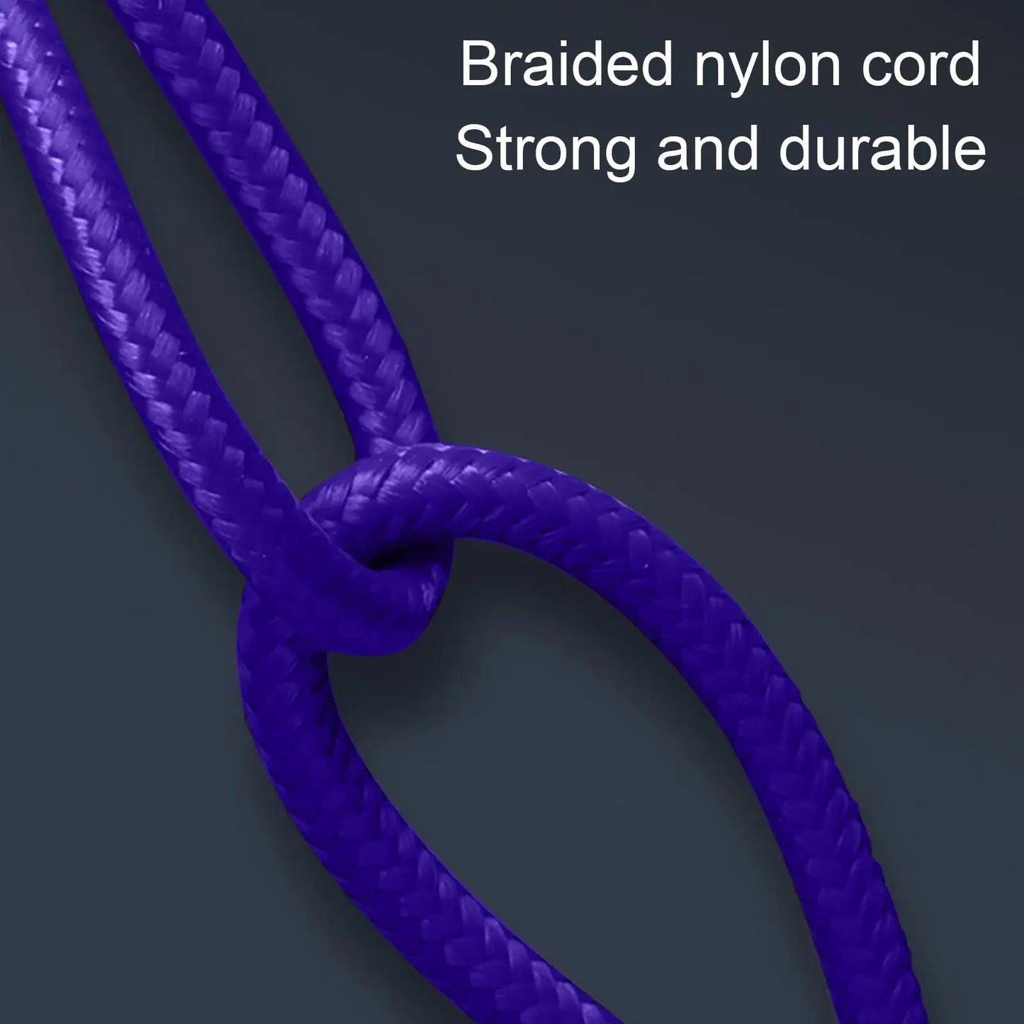 A close-up of a blue braided nylon cord tied in a loop against a dark background, with text reading "Braided nylon cord, Strong and durable."