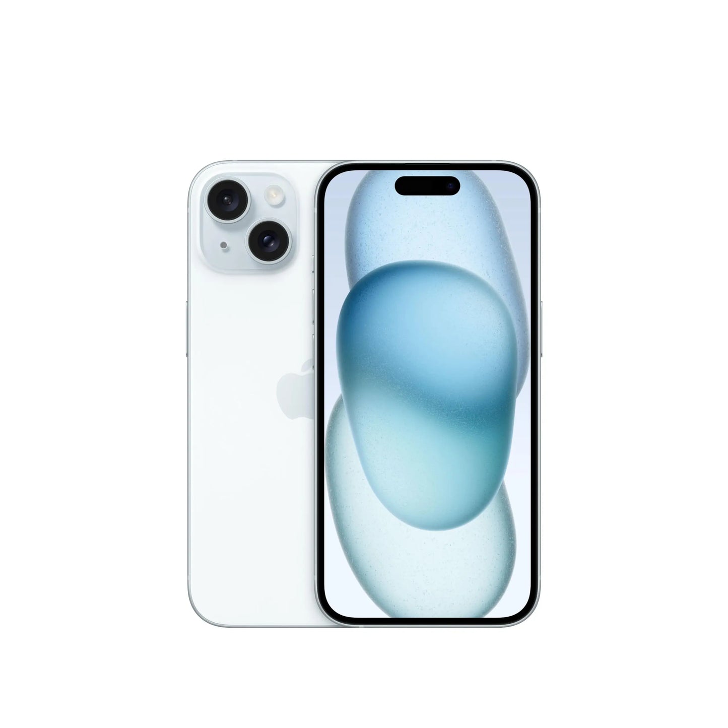 Front and back view of a smartphone with a white finish, featuring a dual-camera system and a blue abstract design on the display.