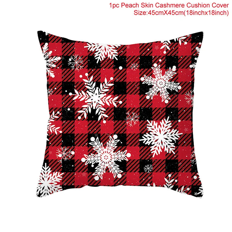 Red and black plaid cushion cover featuring large white snowflake designs. Dimensions are 45x45 cm (18x18 inches). Made of peach skin cashmere fabric.