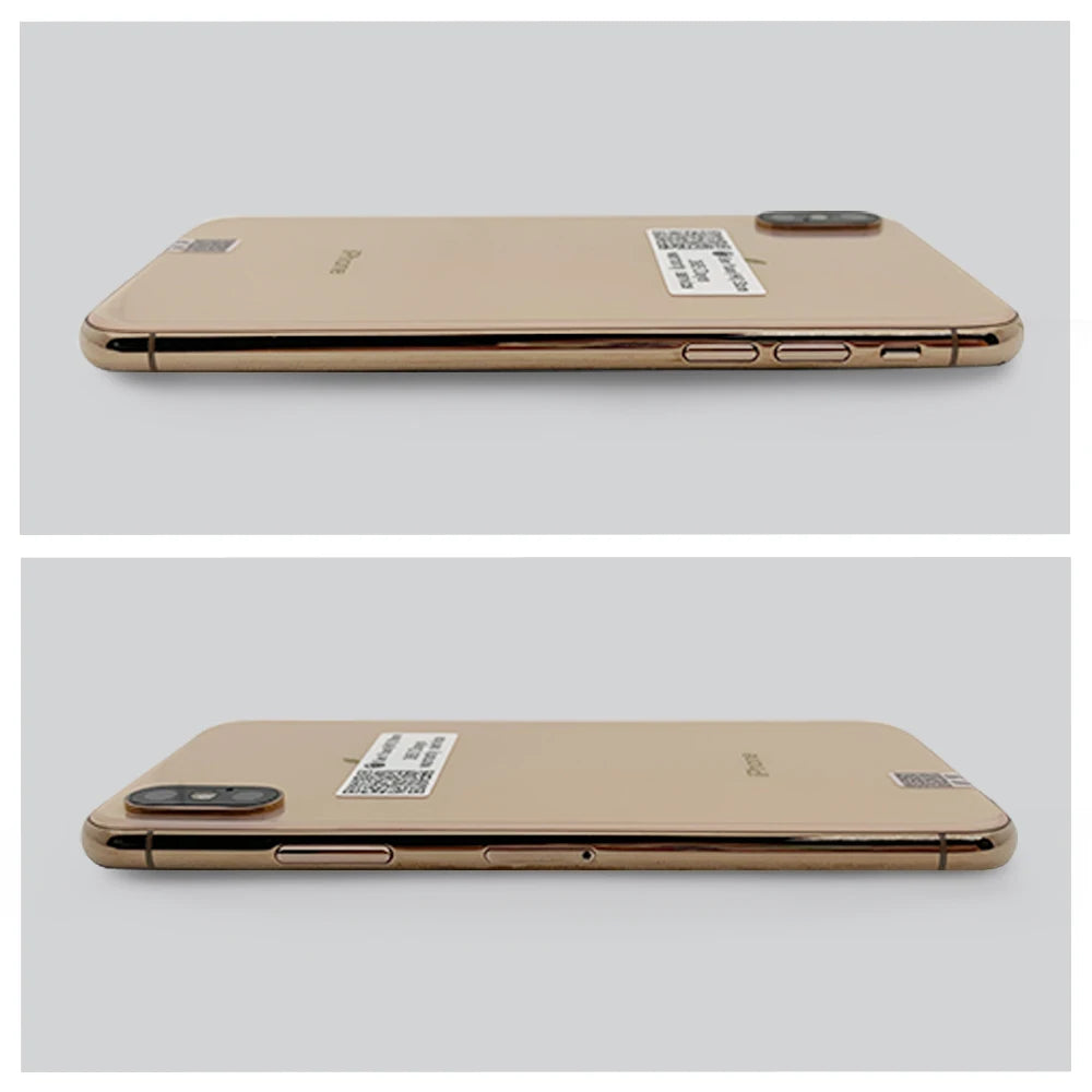 Two images of a gold smartphone, side views. Top image shows volume and side buttons, bottom displays a SIM card slot. Both have a dual camera bump and QR code label.