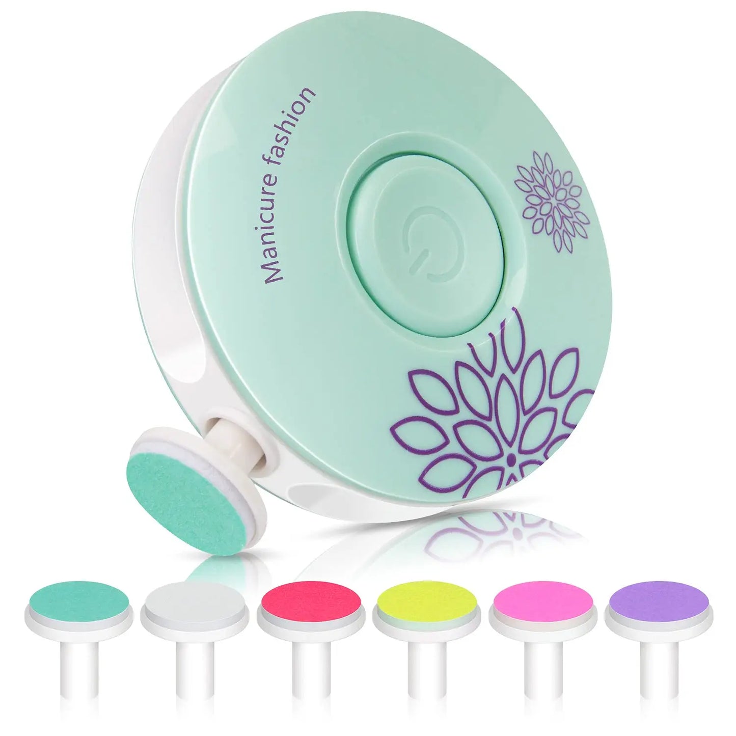 Mint green manicure device with a floral design, featuring six colorful interchangeable heads for nail care. The device has a central power button and attached accessory.