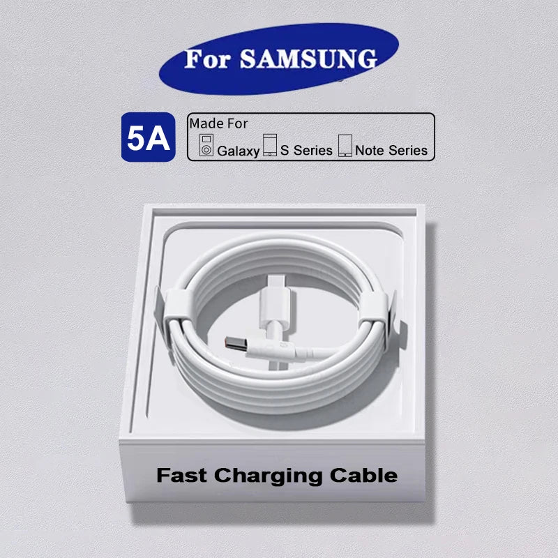 A white fast charging cable for Samsung devices, including Galaxy, S Series, and Note Series, labeled 5A and packaged in a white box.