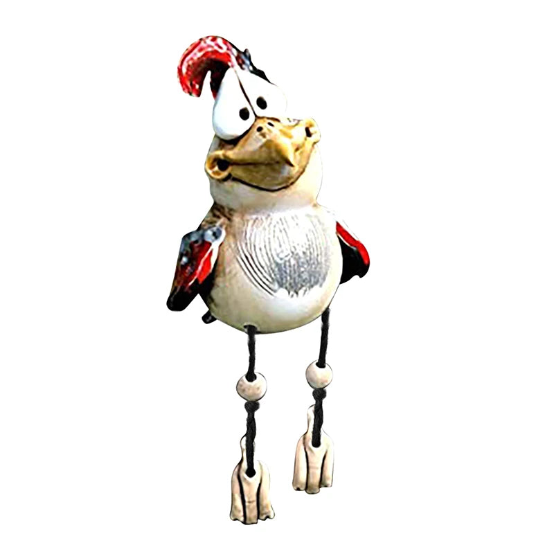Goofy bird figure with a round body, wide eyes, and a comical frown. It has a red crest, black and red wings, and long dangling legs with oversized feet, made from rope and beads.