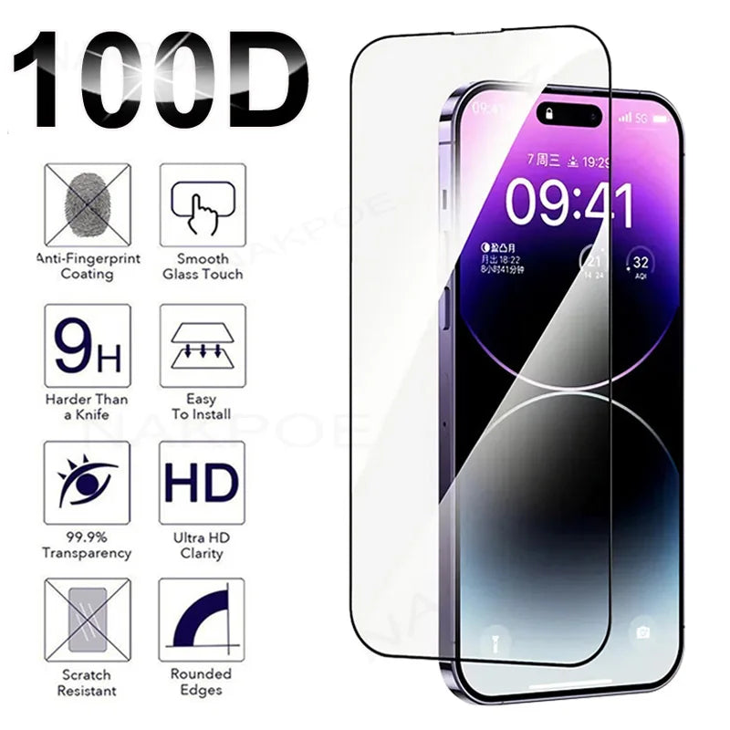 Screen protector advertisement showing features: anti-fingerprint, smooth touch, 9H hardness, easy installation, HD clarity, 99.9% transparency, scratch resistance, rounded edges.