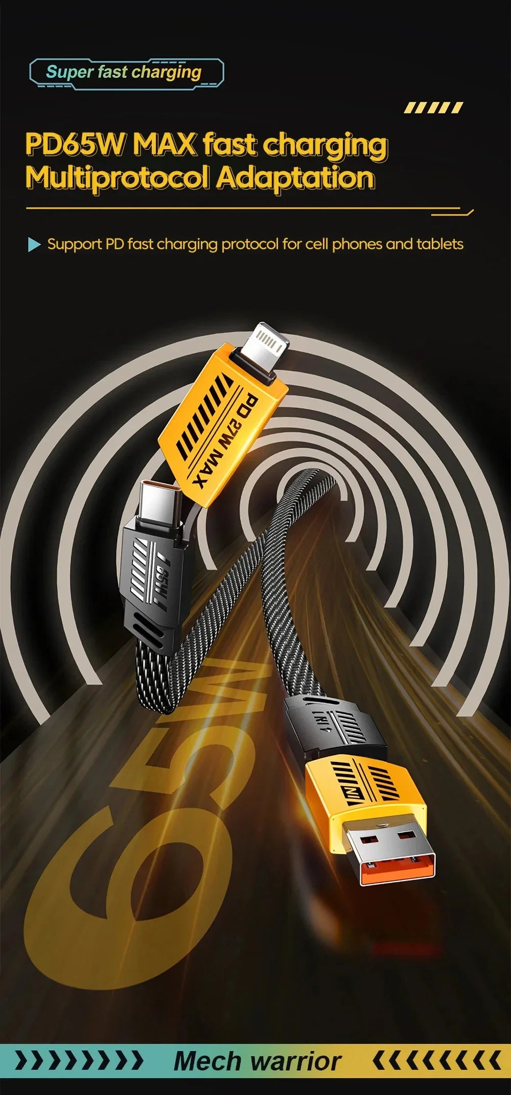 Charging cable with yellow connectors labeled "PD65W MAX" against a dynamic tunnel background. Text highlights fast charging and multiprotocol adaptation for phones and tablets.