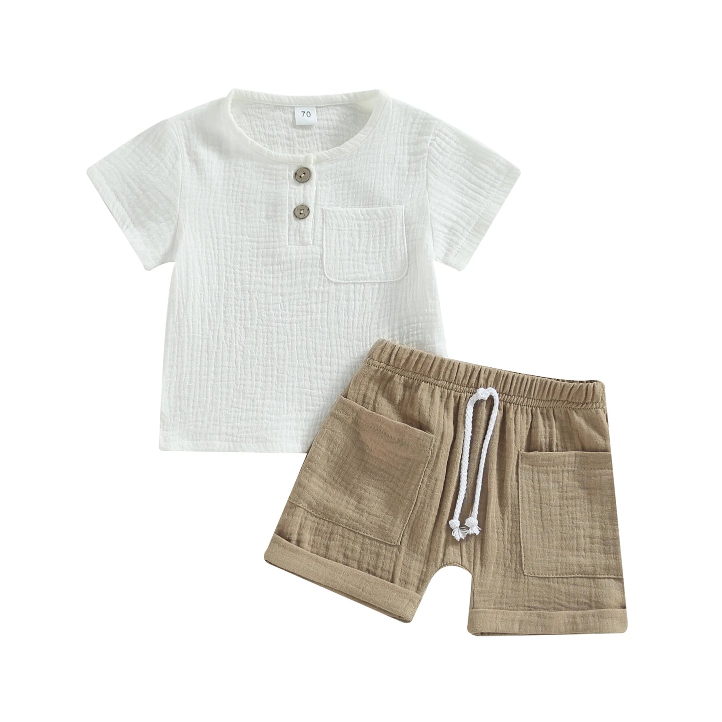 White short-sleeve toddler top with buttons and pocket, paired with beige drawstring shorts featuring side pockets. Made of lightweight, textured fabric for comfort.