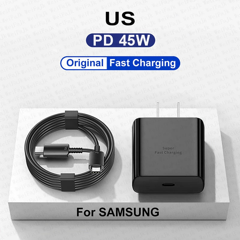 Black 45W Super Fast Charging adapter and USB-C cable for Samsung, displayed on white packaging. Text at the top reads "US PD 45W Original Fast Charging."