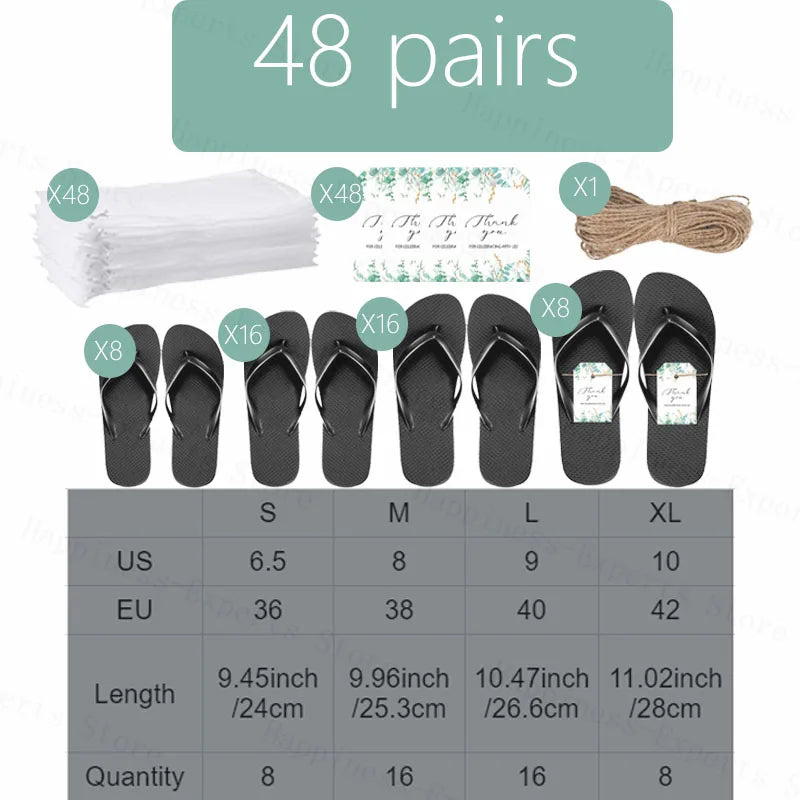 Set of 48 black flip-flops in sizes S to XL, with 48 thank you tags, 48 bags, and one jute rope. Includes size chart with US and EU sizes, lengths and quantities per size.
