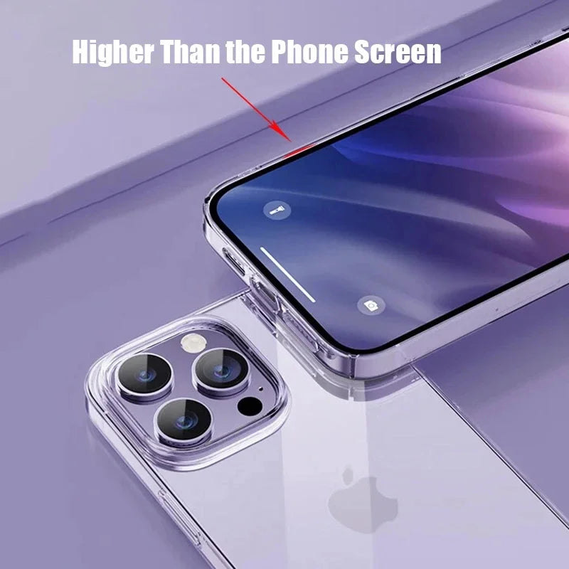 Close-up of a smartphone with a transparent case, focusing on the raised edges protecting the screen. A red arrow highlights the feature with the text "Higher Than the Phone Screen."