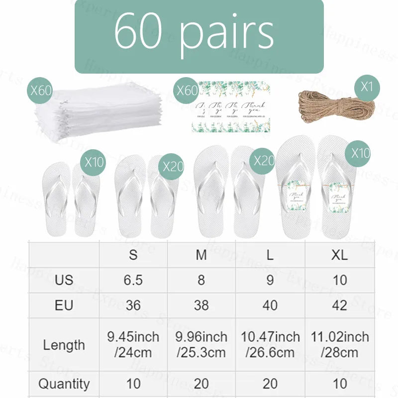 Image shows a set of 60 white flip-flops with sizes S, M, L, XL, for US sizes 6.5-10. Includes bags, cards, and string. Quantities: S-10, M-20, L-20, XL-10. Lengths: 24-28 cm.