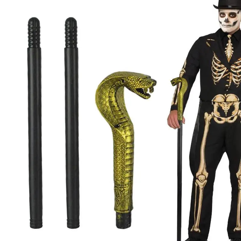 Two black cane pieces, a golden snake head cane top, and a man in a skeleton costume holding the completed cane.