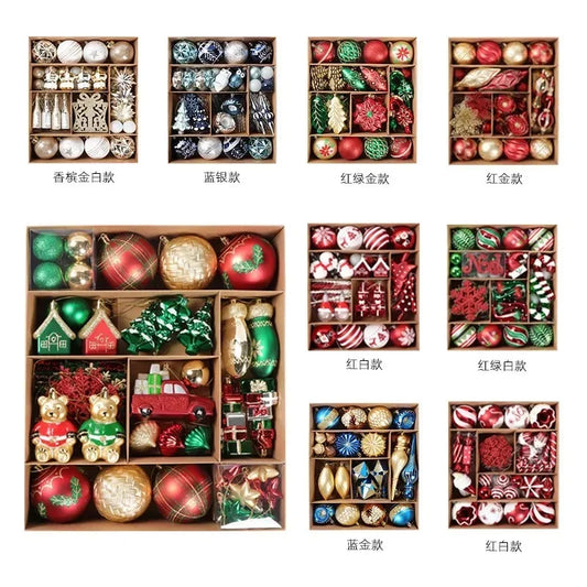 Various sets of Christmas ornaments in boxes, featuring combinations of red, green, gold, and blue, with designs like stars, baubles, trees, and themed figurines.