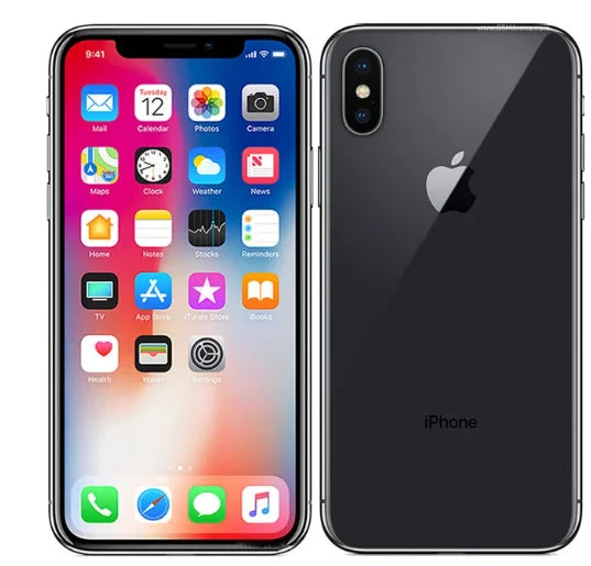 Front and back view of a smartphone. The front displays a colorful home screen with various app icons, while the back is sleek and black with a dual camera and an apple logo.