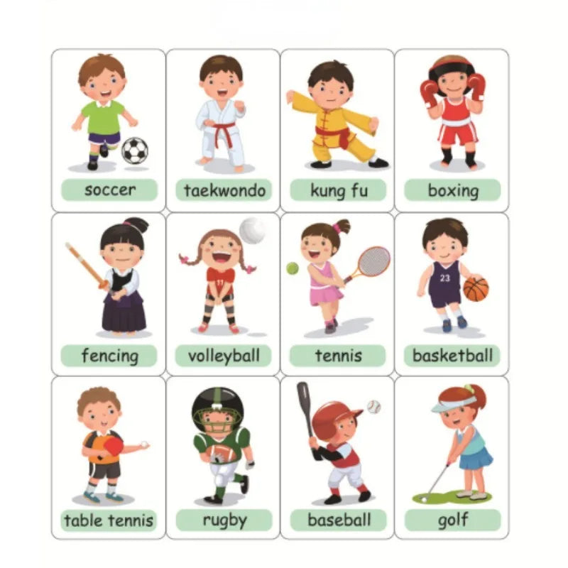 Illustrated children representing various sports: soccer, taekwondo, kung fu, boxing, fencing, volleyball, tennis, basketball, table tennis, rugby, baseball, and golf.