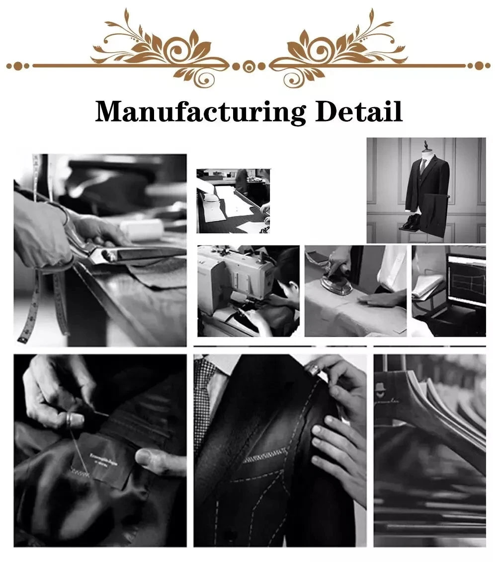 Collage showing detailed suit-making process: pattern cutting, sewing with machine, ironing, hand stitching, fitting adjustments, and finished suits on hangers.