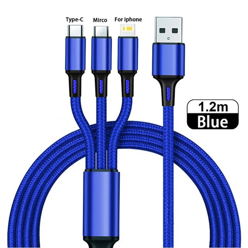 Blue 3-in-1 charging cable with Type-C, Micro USB, and Lightning connectors. USB end on the right. Cable length is 1.2 meters. Braided texture for durability.