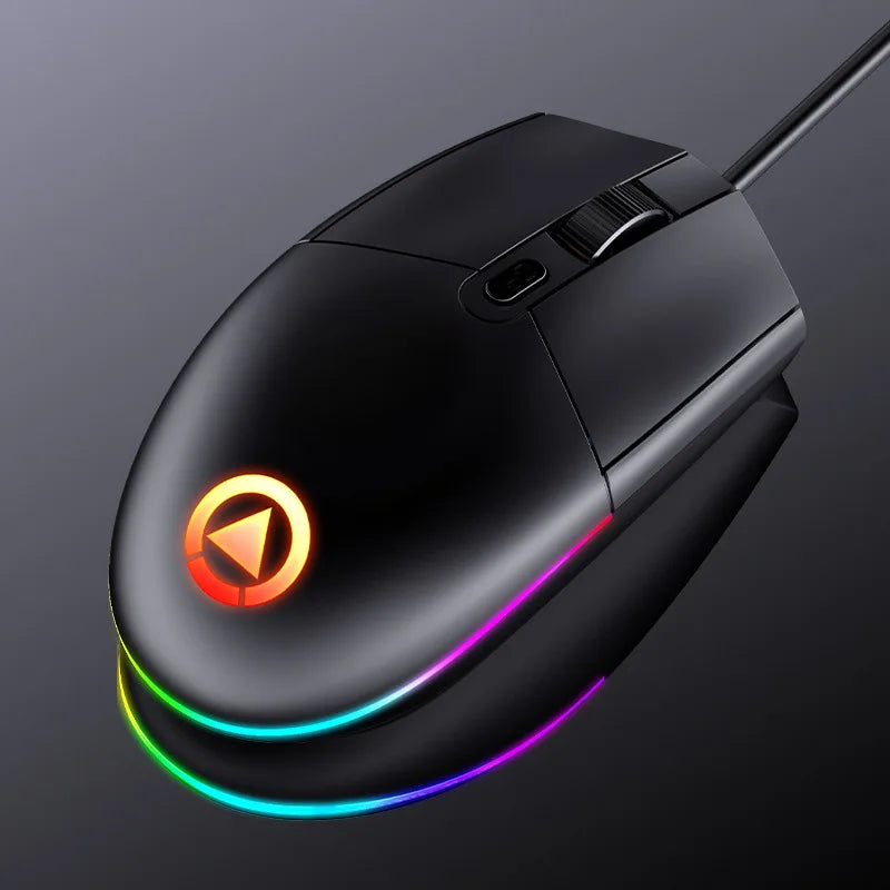 Sleek black gaming mouse with RGB lighting along the base, featuring a glowing circular logo near the bottom. The design is modern and minimalist with a wired connection.