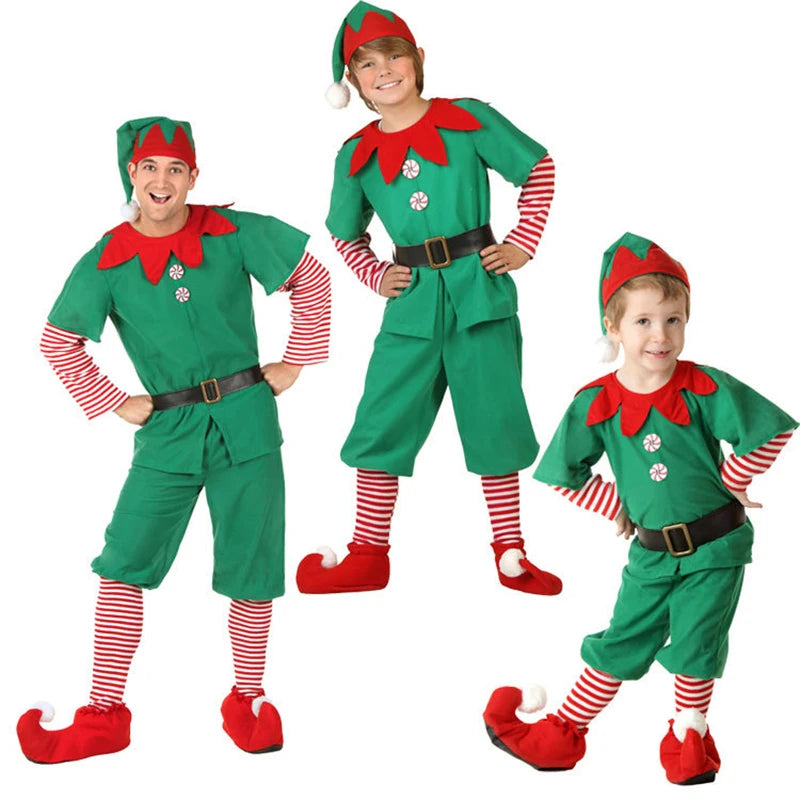 Three people dressed as Christmas elves in green outfits with red accents, striped sleeves, pointy hats, and curly-toed shoes, smiling and posing against a white background.
