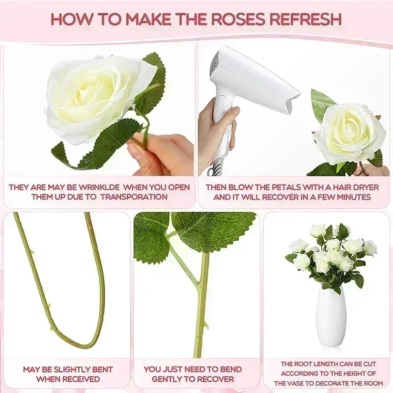 Instructions for refreshing roses: Blow dried petals to remove wrinkles, bend stems gently to straighten. Trim stems according to vase height for decoration.