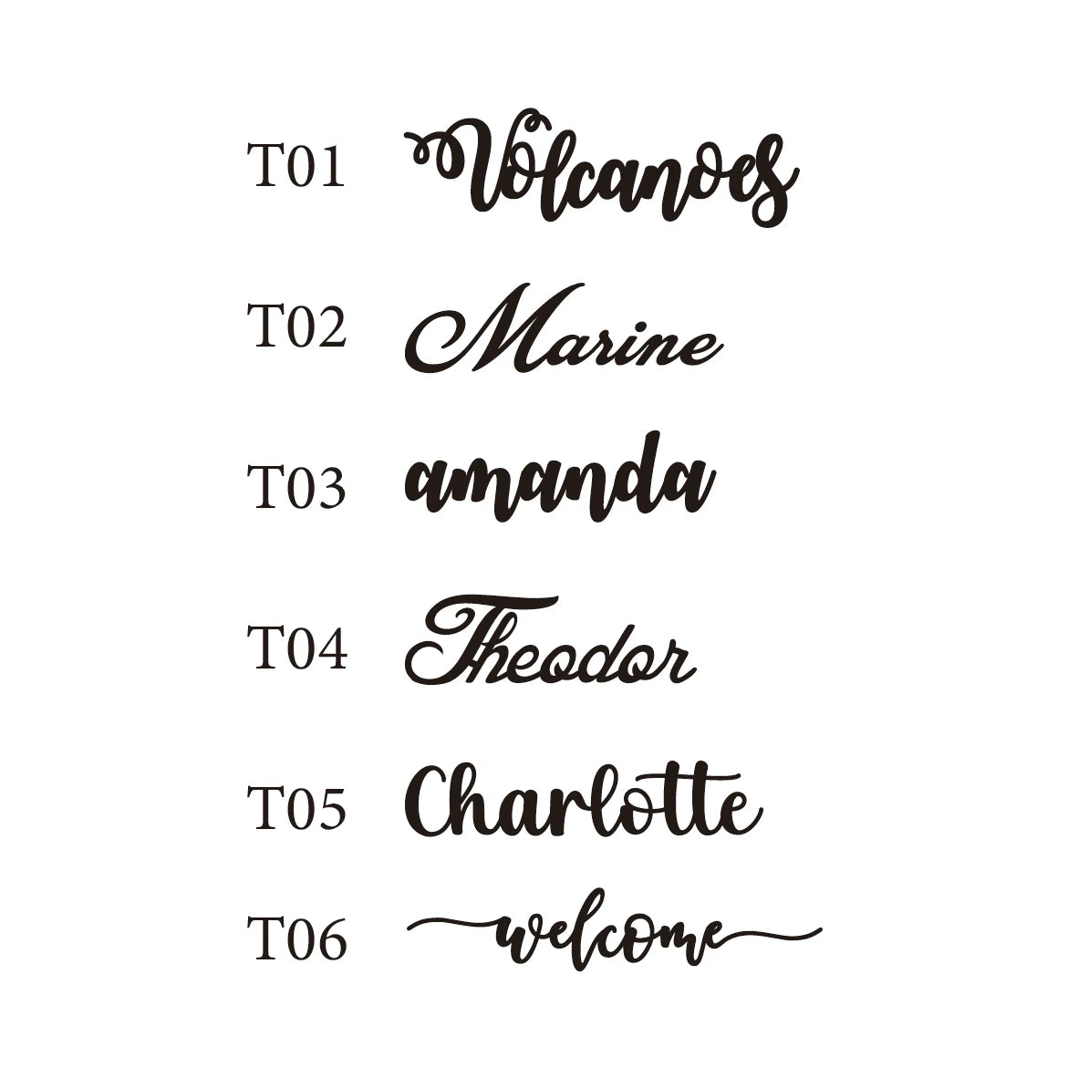 Image showing six different handwritten script fonts labeled T01 to T06. Each font displays a word, including "Volcanoes," "Marine," "amanda," "Theodor," "Charlotte," and "welcome."
