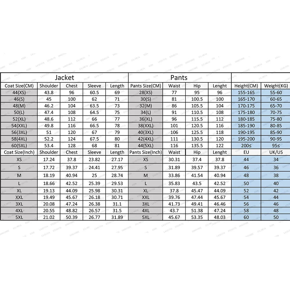 Size chart for jackets and pants in centimeters and inches, detailing measurements for coat size, shoulder, chest, sleeve, length, waist, hip, height, and weight for various sizes.