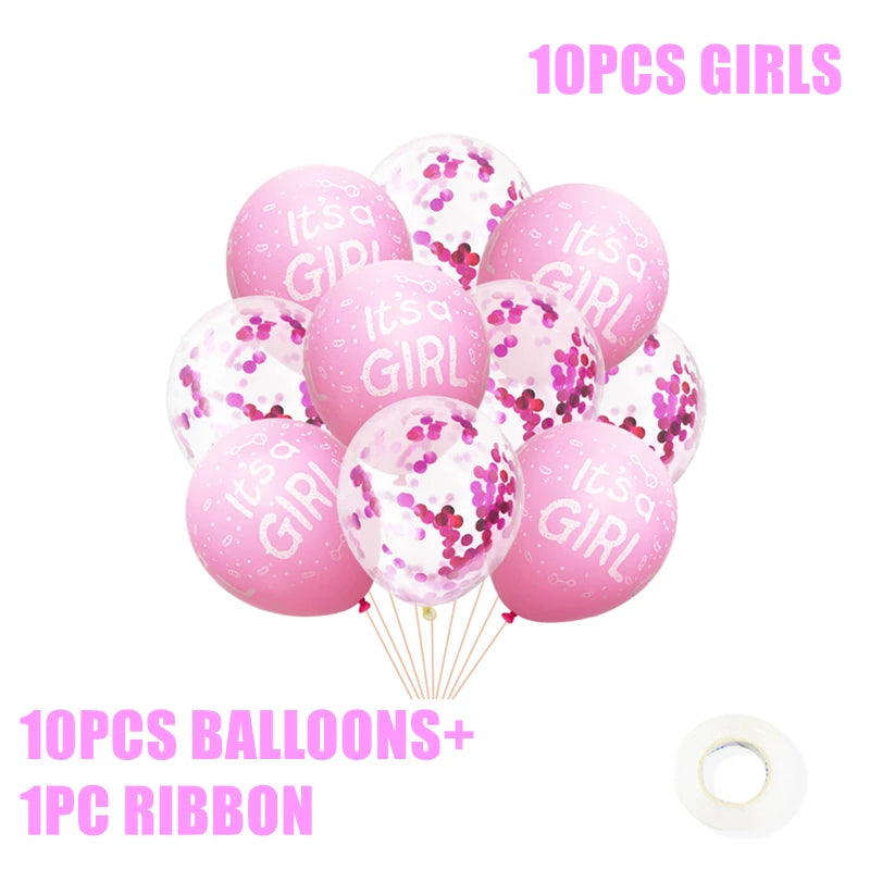 A cluster of pink and transparent balloons with "It's a GIRL" text and confetti. Text reads "10PCS BALLOONS + 1PC RIBBON." A roll of ribbon is shown at the bottom.