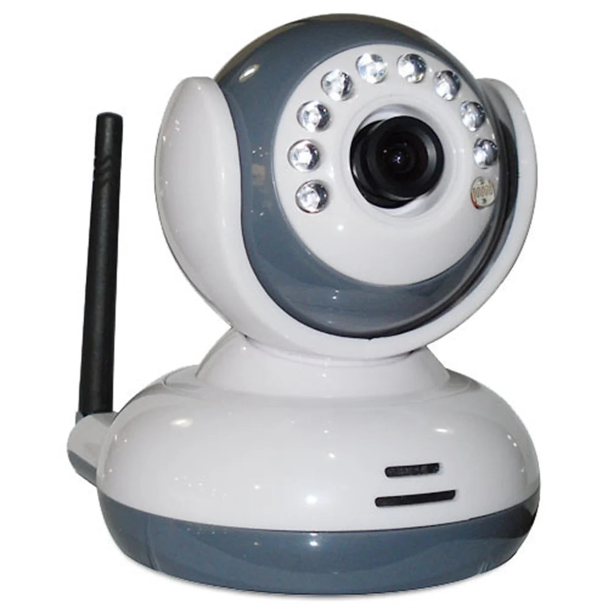 A white and gray security camera with a circular lens surrounded by LED lights and a black antenna on the side, designed for surveillance and monitoring.