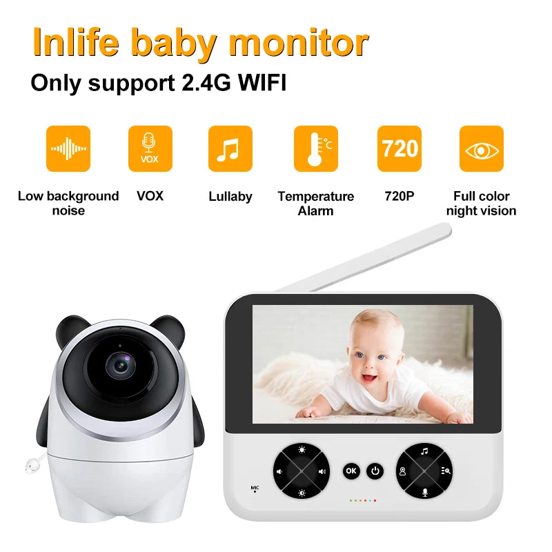 Inlife baby monitor featuring a screen with a baby image, a camera shaped like a panda, and icons for features like lullaby, temperature alarm, and full-color night vision. Supports 2.4G WiFi.