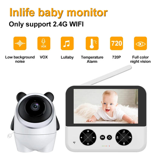 Inlife baby monitor featuring a screen with a baby image, a camera shaped like a panda, and icons for features like lullaby, temperature alarm, and full-color night vision. Supports 2.4G WiFi.