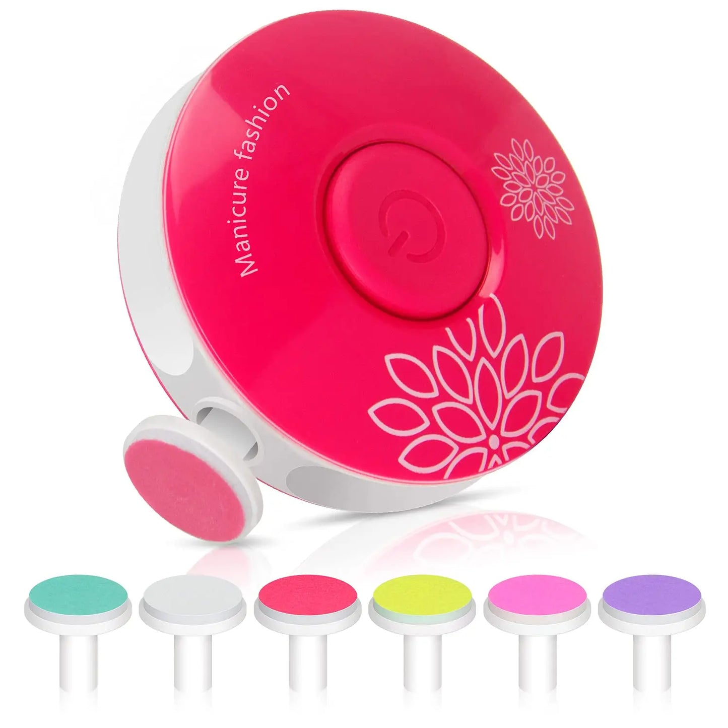 Pink manicure device with floral design, featuring a power button and seven interchangeable colored tips for nail care.