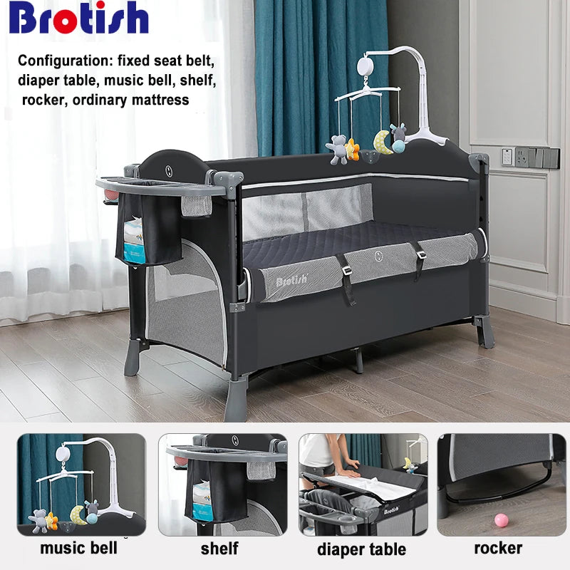 Black baby crib with a diaper table, music mobile, shelf, and rocking feature. The crib is padded, with a mattress, and includes storage compartments. White walls and teal curtains in the background.