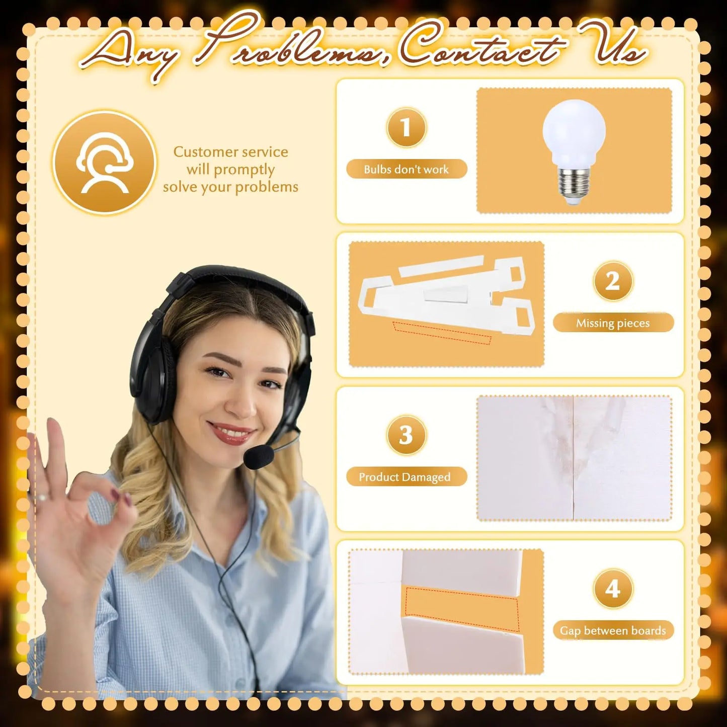 Contact us for any problems: A smiling woman with a headset offers customer service for issues such as faulty bulbs, missing pieces, damaged products, and gaps between boards.