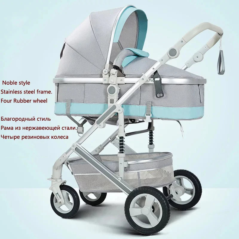 Gray and teal baby stroller with a stainless steel frame and four rubber wheels, featuring a covered bassinet and a lower storage basket. Text in English and Russian.