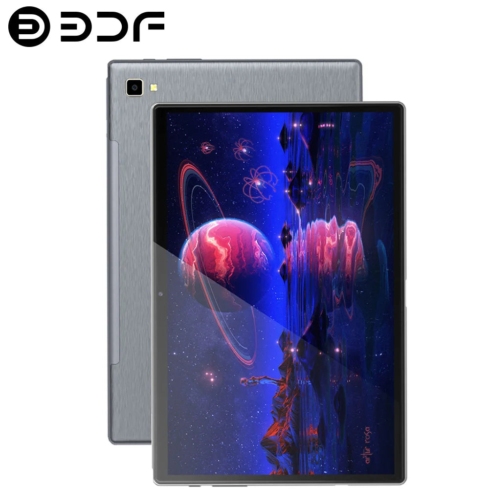 Front and back view of a tablet with a metallic finish. The screen displays colorful digital art of a cosmic scene with a red planet, stars, and abstract designs.