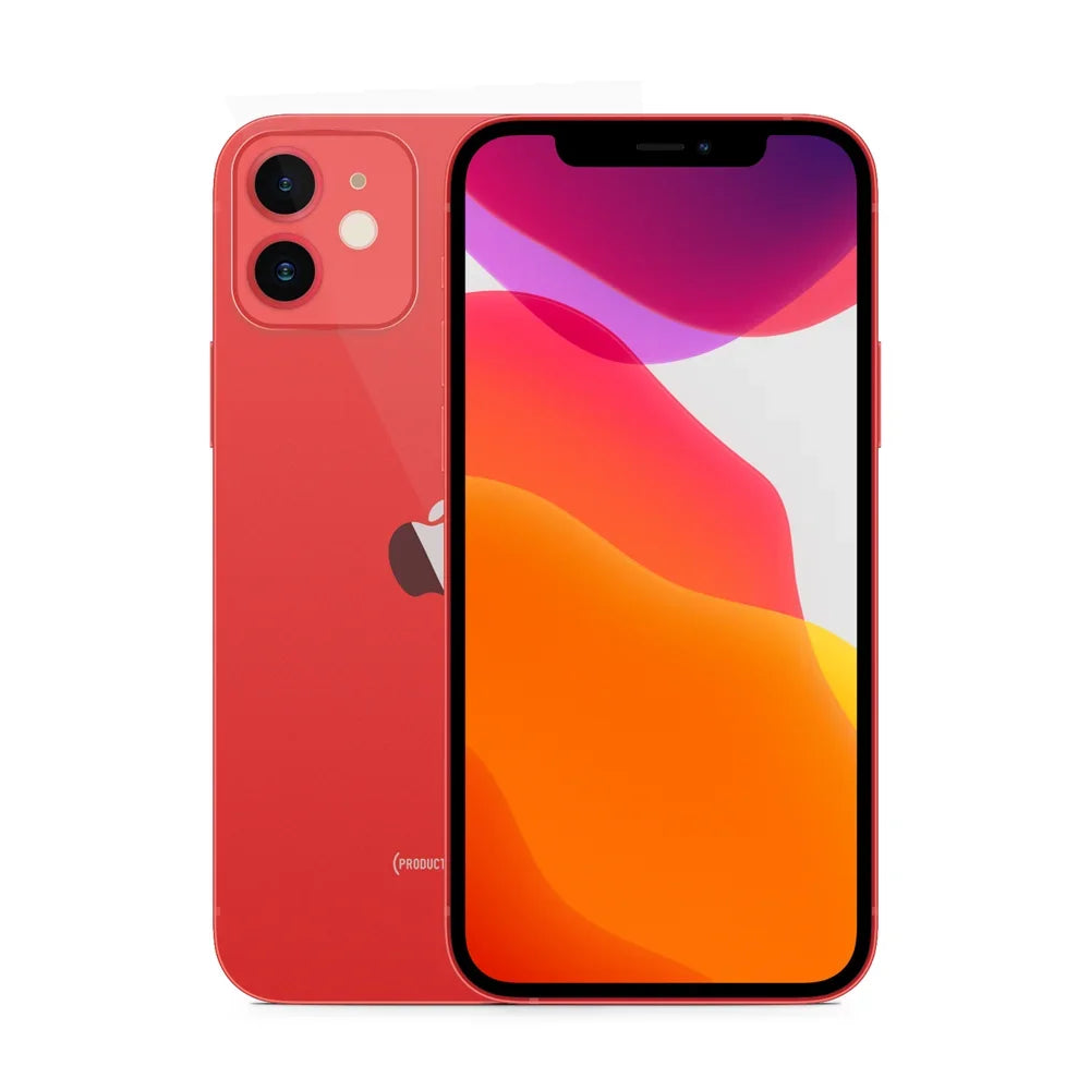 Red smartphone with dual rear cameras and a vibrant front display featuring an abstract design. The device is shown from both front and back, highlighting its sleek design.