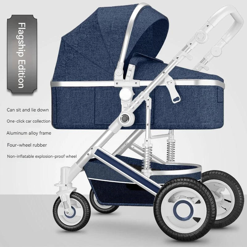 Blue baby stroller labeled "Flagship Edition" with an adjustable aluminum alloy frame, four rubber wheels, and non-inflatable, explosion-proof tires. Features include reclining seat and easy folding.