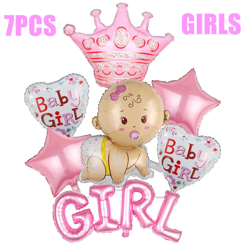 Pink balloon arrangement for a baby girl, featuring a crown, a cute baby, hearts, stars, and the word "GIRL." Text reads "7PCS GIRLS" at the top in pink.