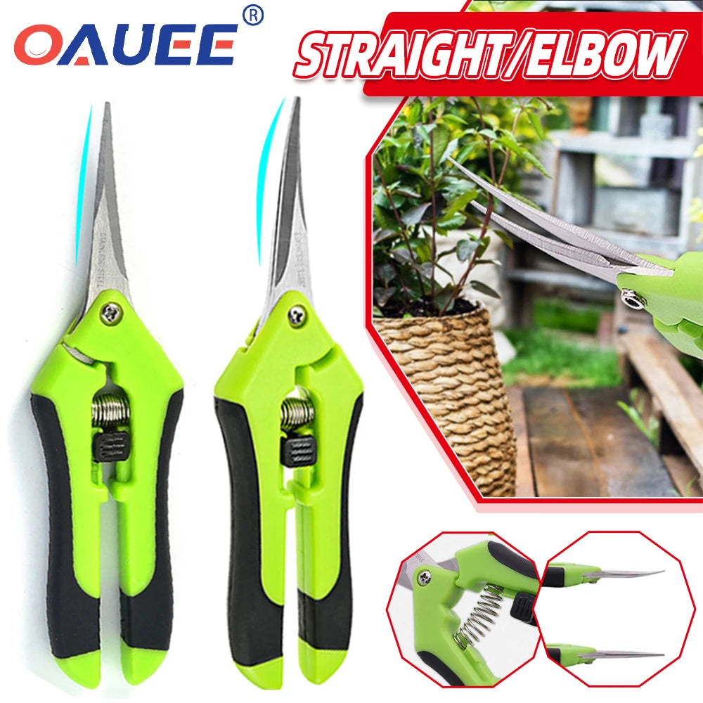 Green and black garden pruning shears with straight and elbow blades. Image displays two shears and a close-up of one trimming a plant.